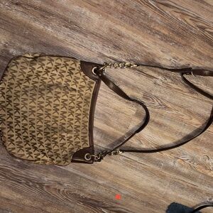 Michael Kors Tan and Brown MK Logo Shoulder Bag with Chain Detail